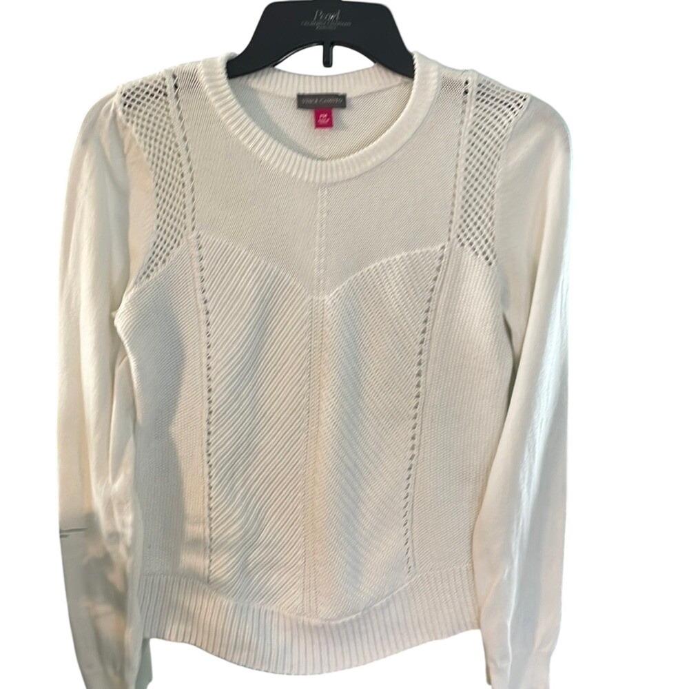 Vince Camuto Womens White‎ Mixed Media Pointelle Knit Sweater PM Petite Medium